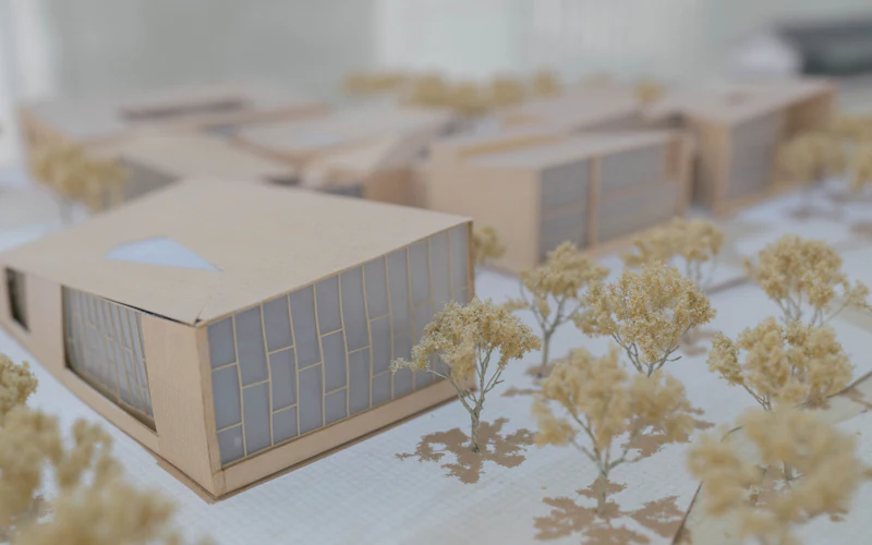 Maquette en bouwtekeningen op tafel